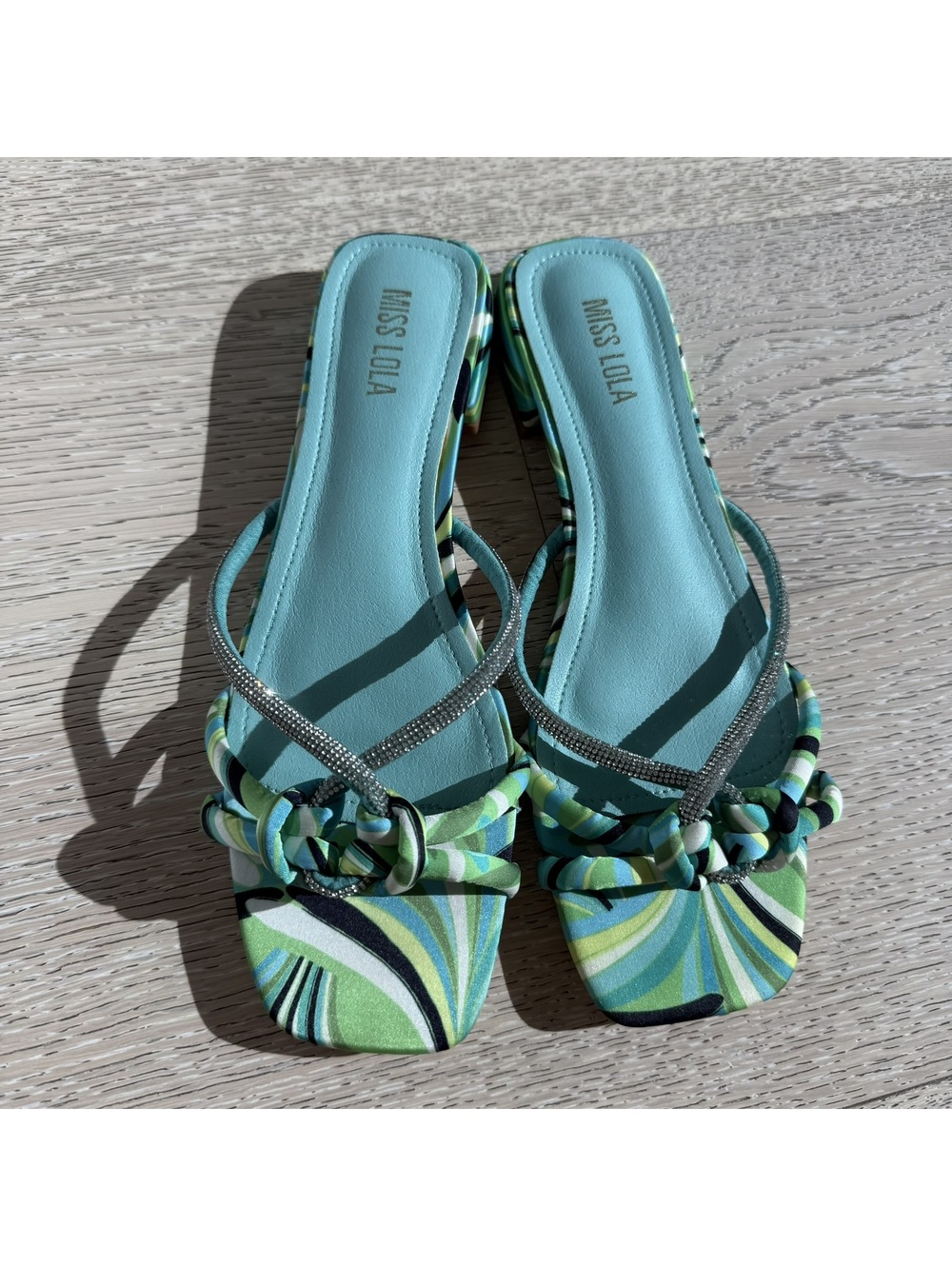 Miss Lola Peggy Pucci Green Patterned Strappy Heeled Sandals US 8